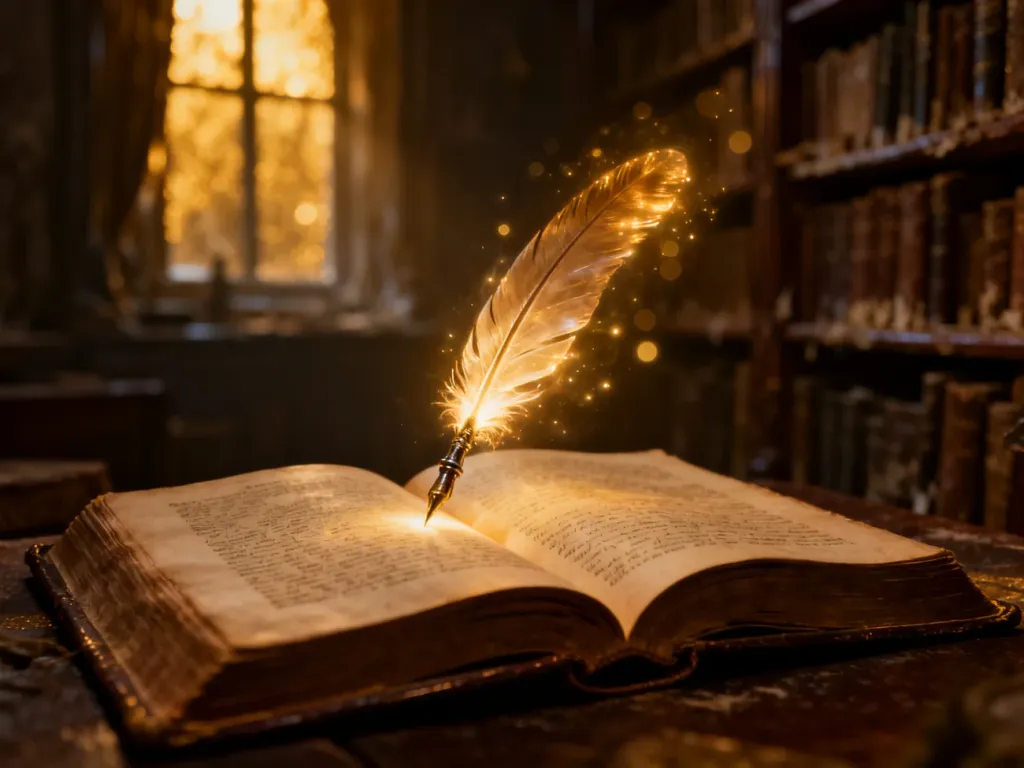 Otwarta zabytkowa księga z magicznym piórem w nastrojowej bibliotece, ilustrująca znaczenie i tajemnicę słów.