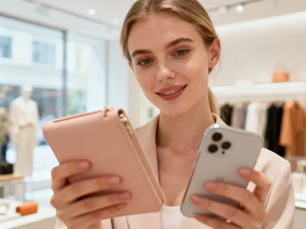 Stylowa kobieta prezentująca modne akcesoria i gadżety w nowoczesnym butiku, ilustrująca koncepcję produktów typu must-have.